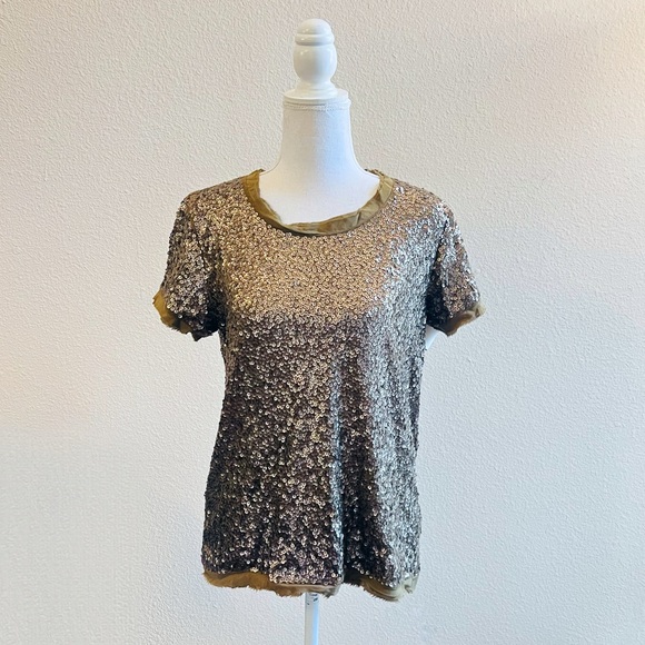 J. Crew Olive Green Sequin Embellished Short Sleeve Shirt Blouse - Picture 4 of 16